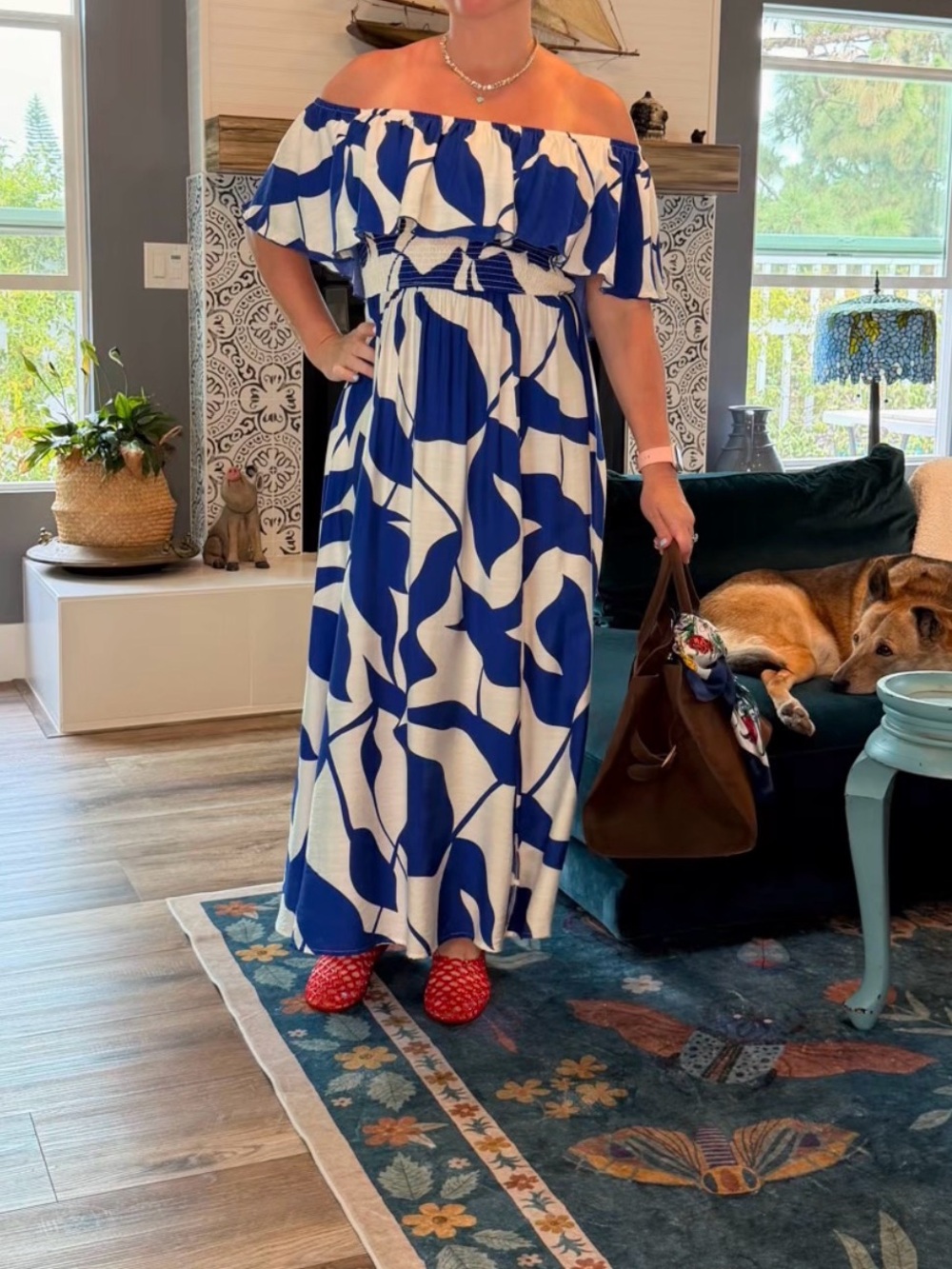 Cupshe Blue and White Off-Shoulder Maxi Dress